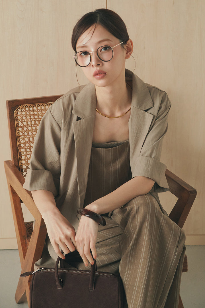 [SET]リネンライクテーラードハーフスリーブジャケット+リネンストライプタックワイドパンツ+リネンストライプレイヤードキャミ(3set)