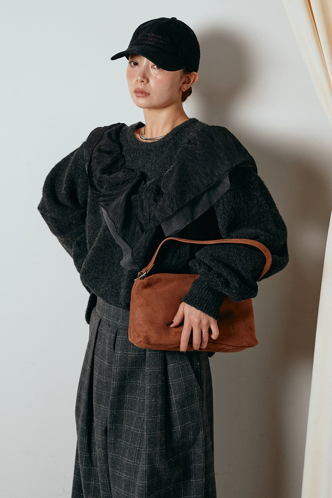 [SET]アシンメトリーフリルニットトップス+ウールライクチェックタックパンツ(2set)