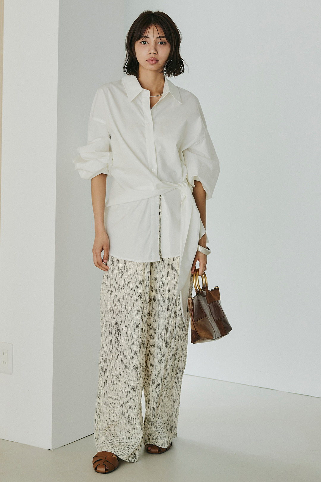 [SET]襟付き巻きデザインシャツ+シアーランダムドットラフパンツ(2set)