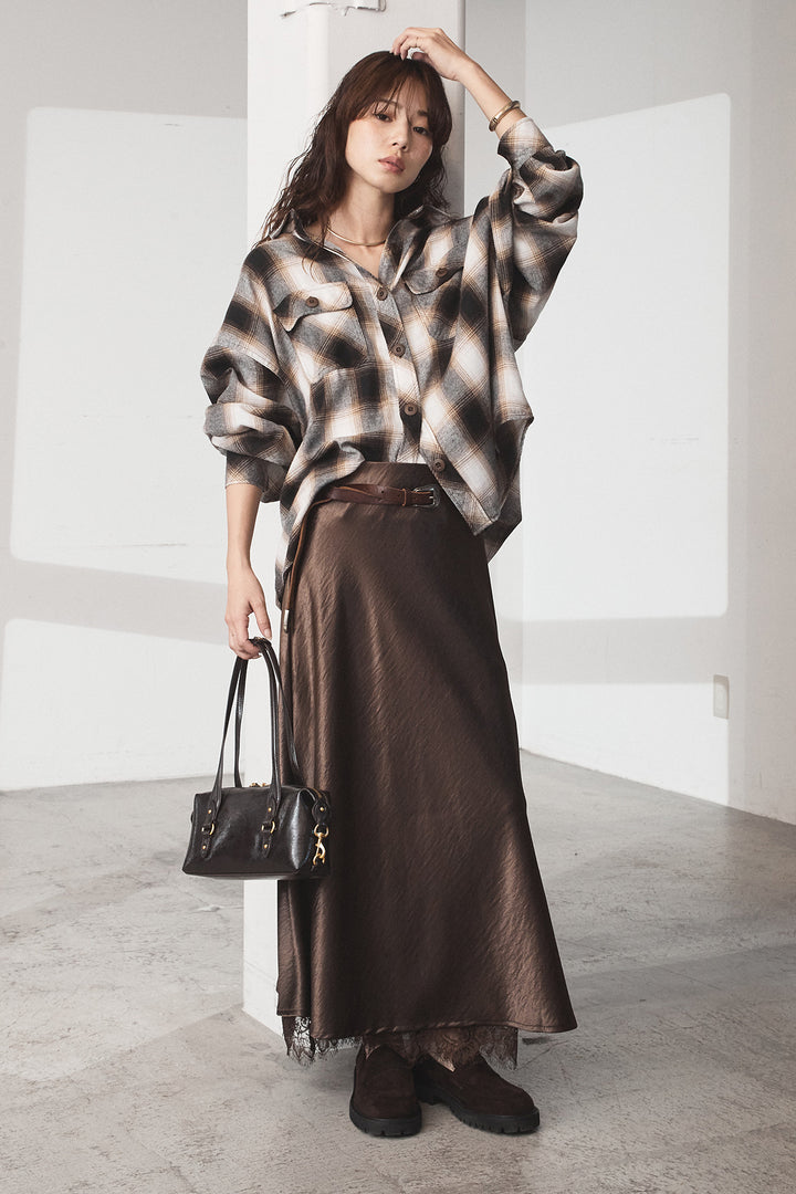 [SET]オンブレーチェックビッグシルエットCPOシャツ+裾レースデザインサテンスカート(2set)