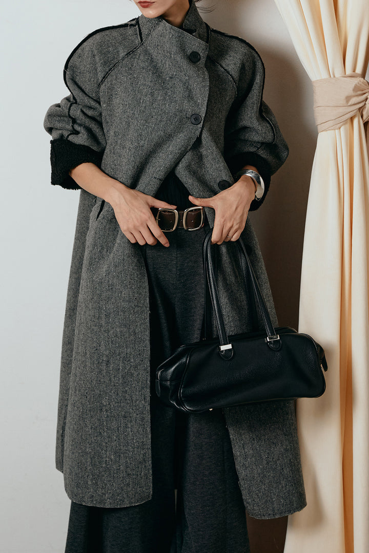 [SET]裏地ボアハイネックロングアウター+フェイクレザー太ベルト付きタックワイドパンツ(2set)