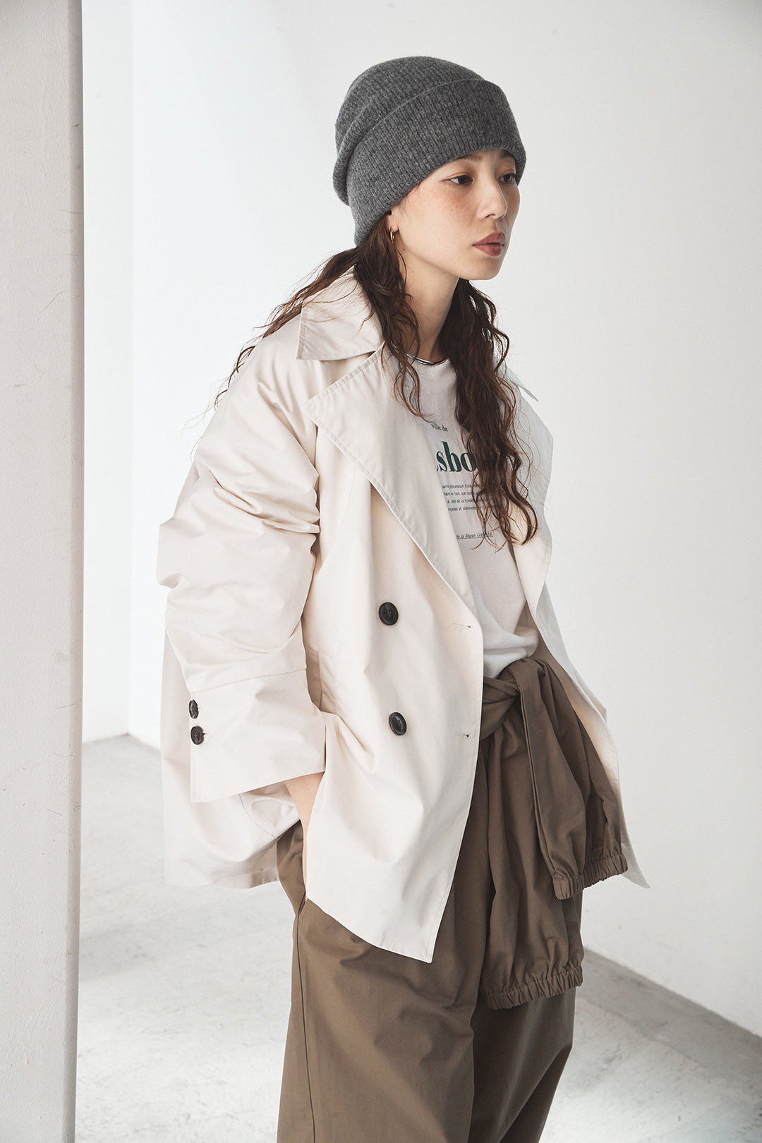 [SET]ナイロントレンチコート+合繊ツイルスタンドウエスト巻きジョガーパンツ(2set)