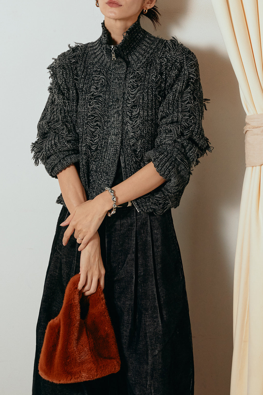 [SET]ハイネックフリンジジップニットトップス+フロントタック入りコーデュロイパンツ(2set)