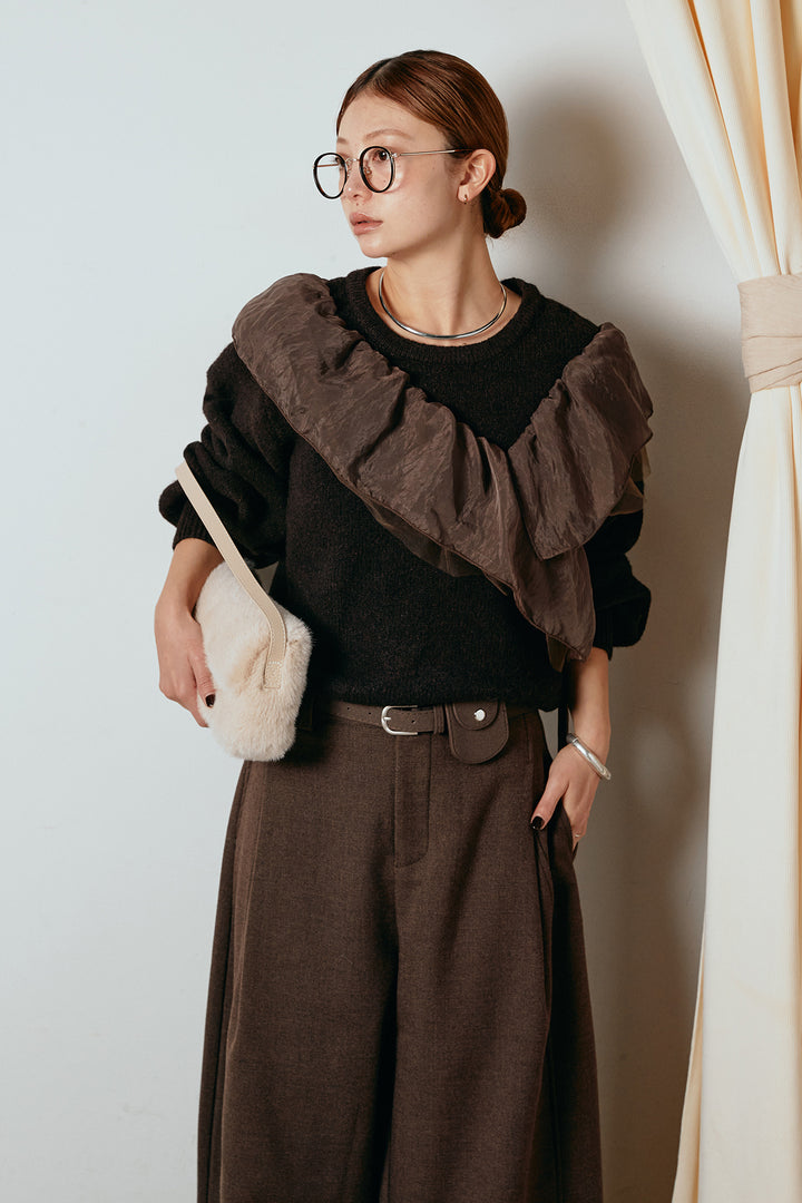 [SET]アシンメトリーフリルニットトップス+ポーチベルト付きカーブパンツ(2set)