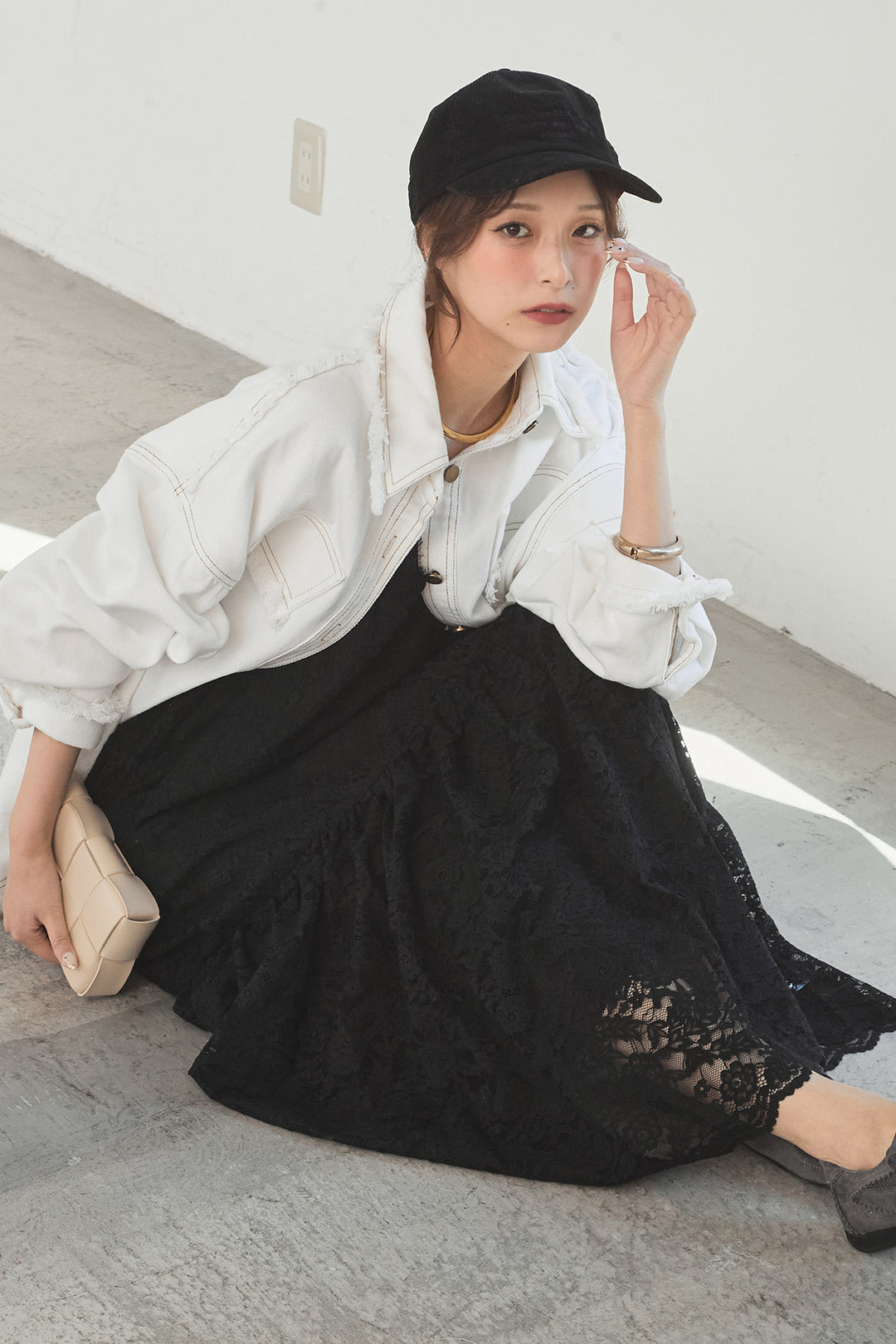 [SET]フリンジデニムジャケット+レース刺繍フレアキャミワンピース(2set)