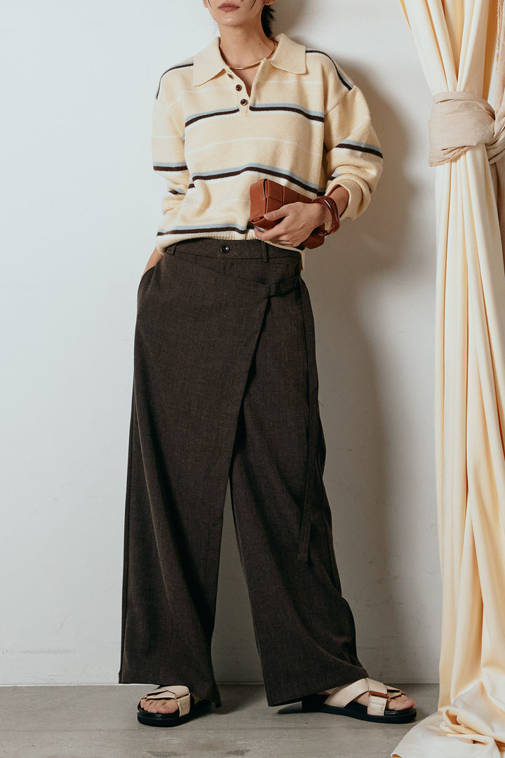[SET]襟付きマルチボーダーニットポロトップス+ラップ巻きワイドスラックス(2set)