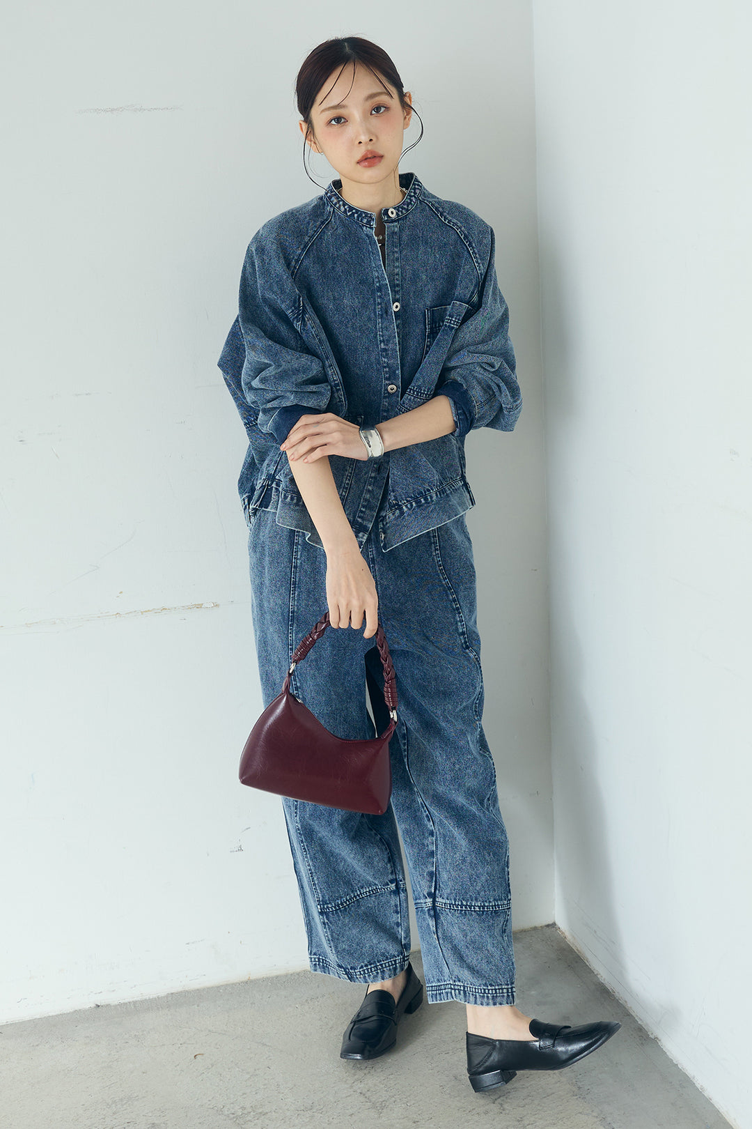 [SET]カラーデニムケミカル加工ノーカラーブルゾン+カラーデニムケミカル加工コクーンパンツ(2set)