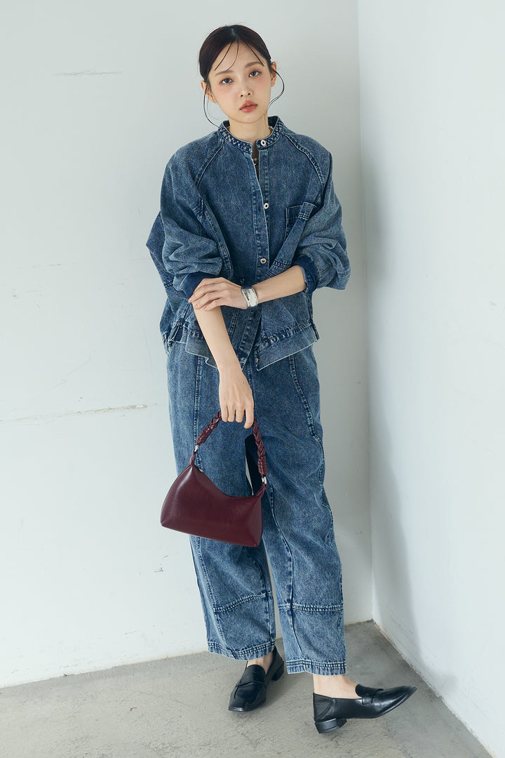 [SET]カラーデニムケミカル加工ノーカラーブルゾン+カラーデニムケミカル加工コクーンパンツ(2set)