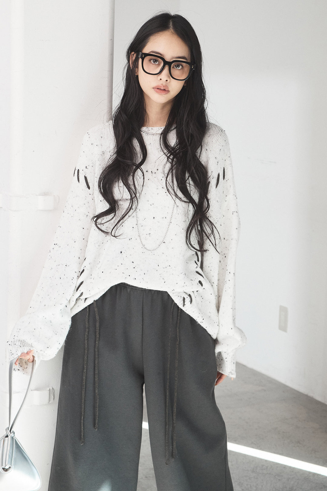 [SET]ネップ編み上げニットトップス+裏起毛スウェットワイドパンツ(2set)