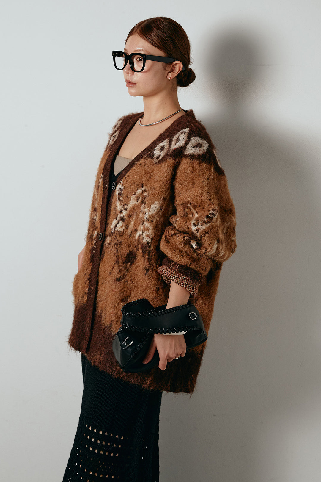 [SET]シャギーニュアンス柄ニットカーディガン+裾透かし編みキャミソールニットワンピース(2set)