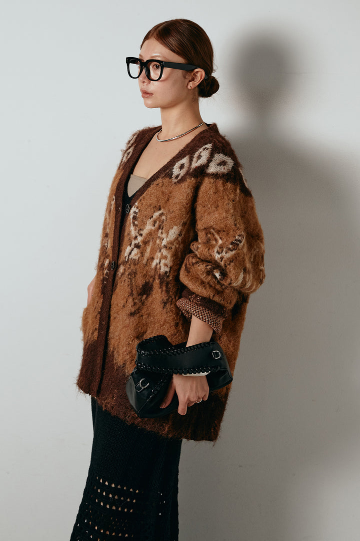 [SET]シャギーニュアンス柄ニットカーディガン+裾透かし編みキャミソールニットワンピース(2set)