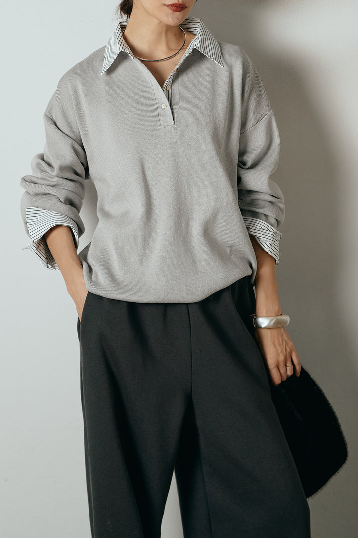 [SET]ストライプシャツドッキングポロトップス+裏起毛スウェットワイドパンツ(2set)