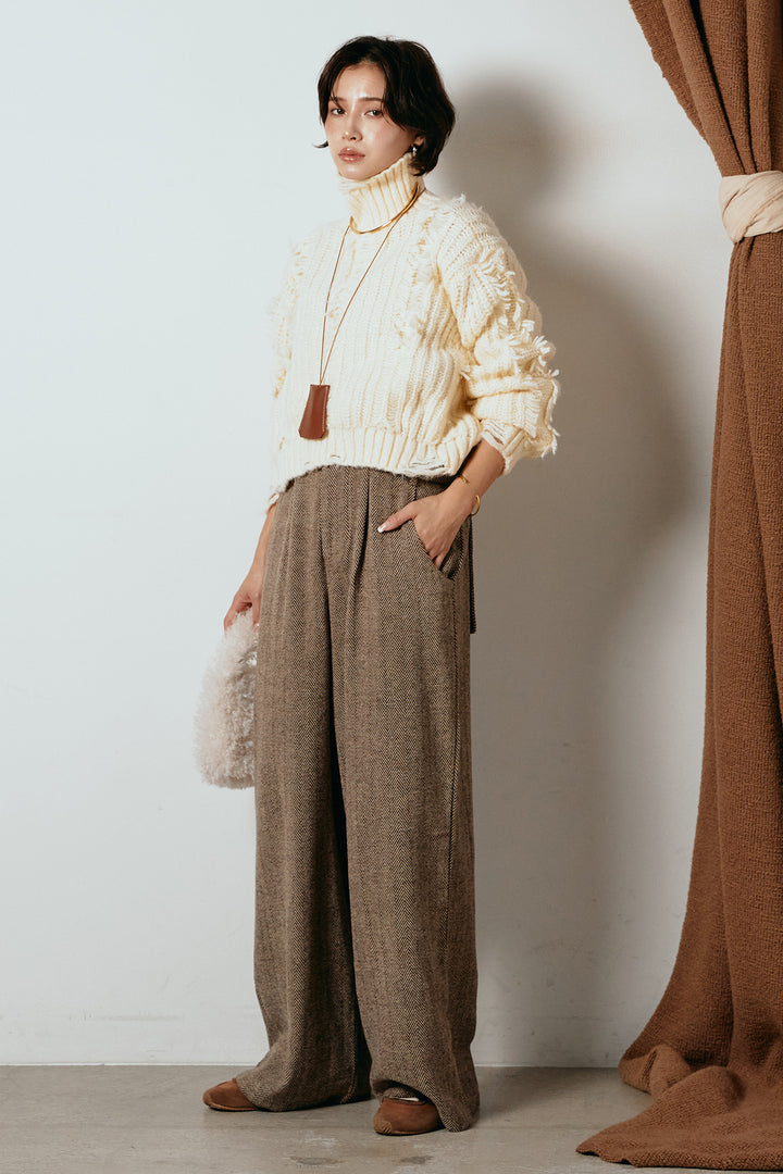 [SET]フリンジタートルショートニット+クラシックヘリンボーンサロペット(2set)