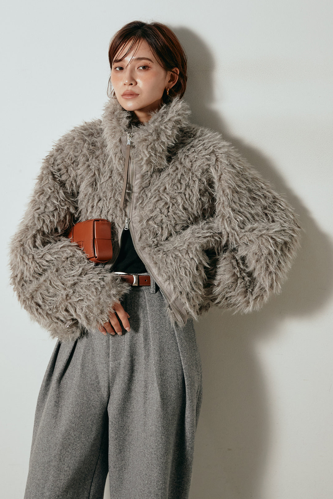 [SET]ミックスシープファースタンドブルゾン+フェイクウールタックトラウザーズパンツ(2set)