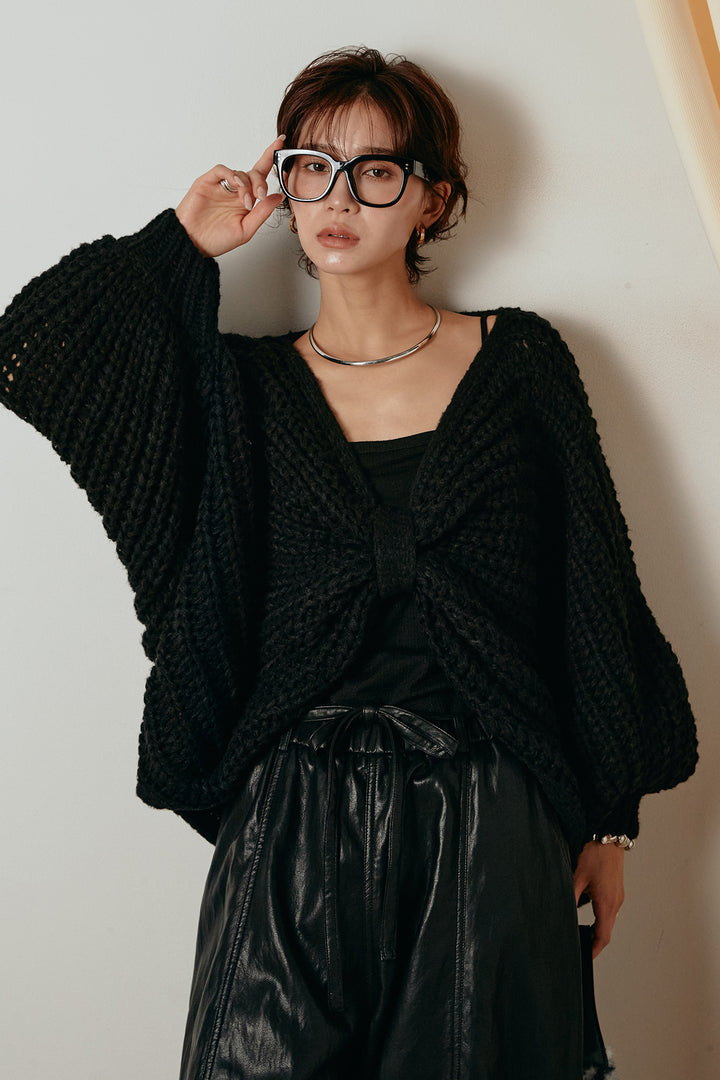 [SET]フロントツイストニット編みトップス+フェイクレザーカーブワイドパンツ(2set)