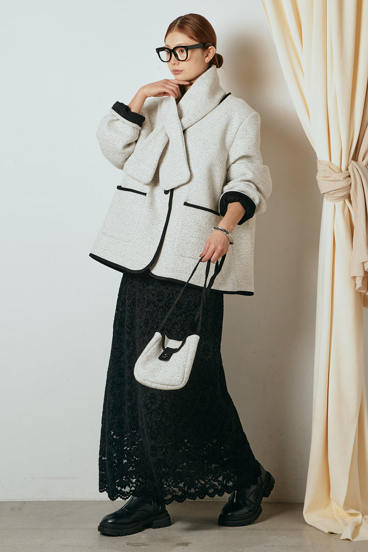 [SET]ノーカラーマフラーバッグ付きアウター+花柄刺繍ベロアフレアスカート(2set)