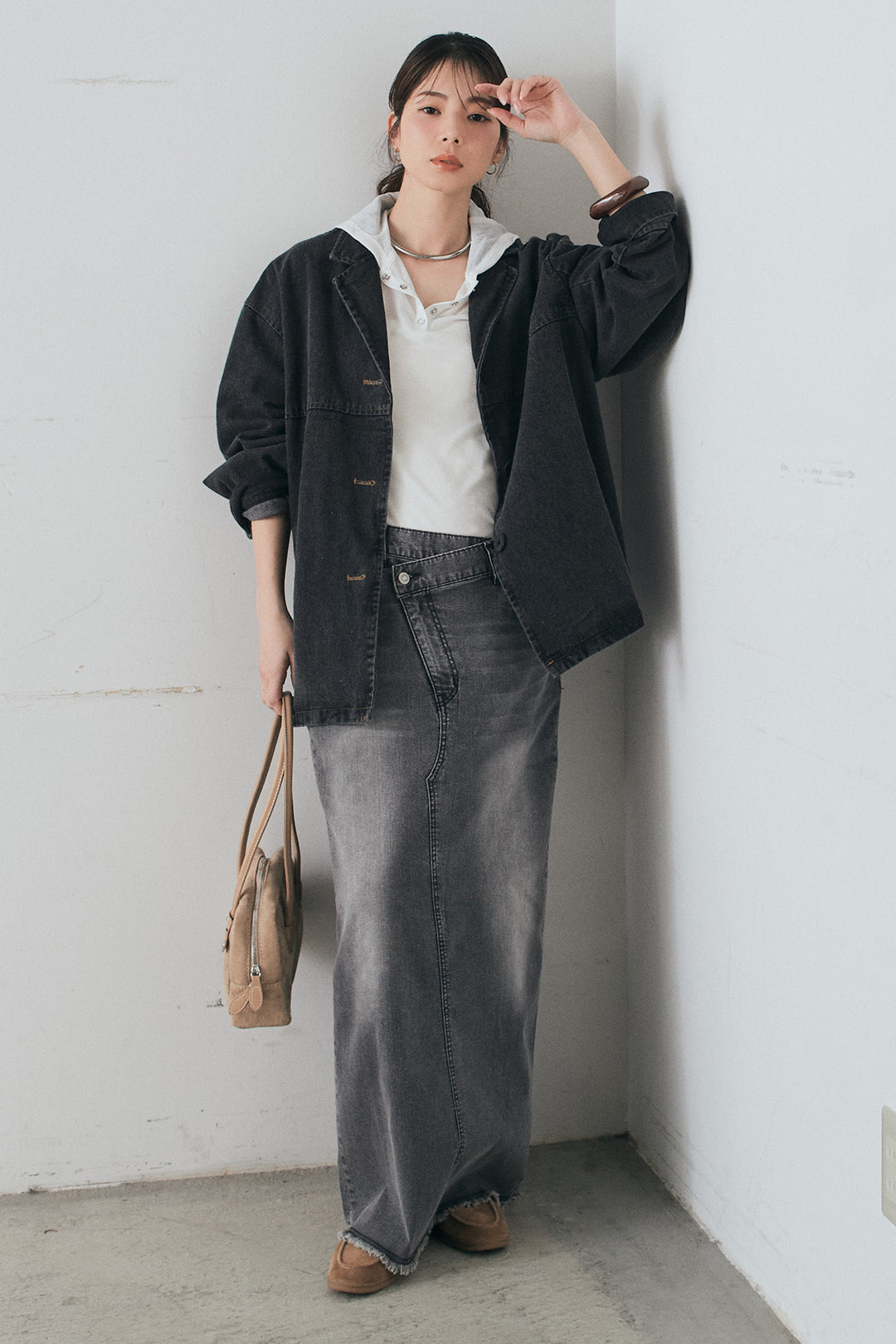 [SET]オーバーデニムジャケット+ウエストクロスデニムタイトスカート(2set)