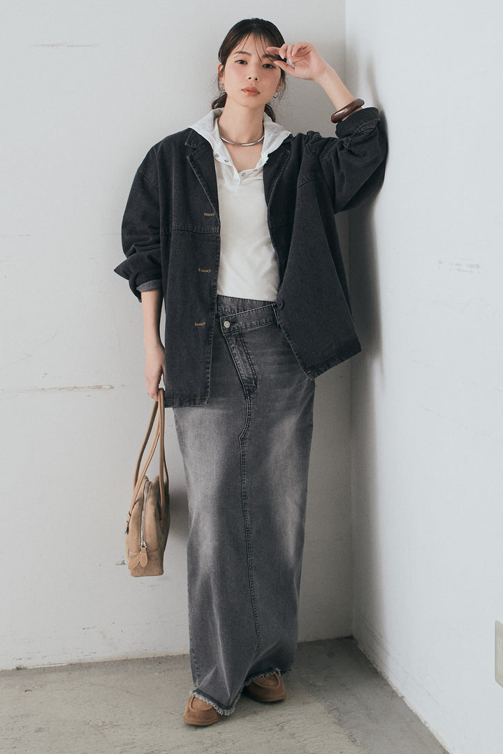 [SET]オーバーデニムジャケット+ウエストクロスデニムタイトスカート(2set)