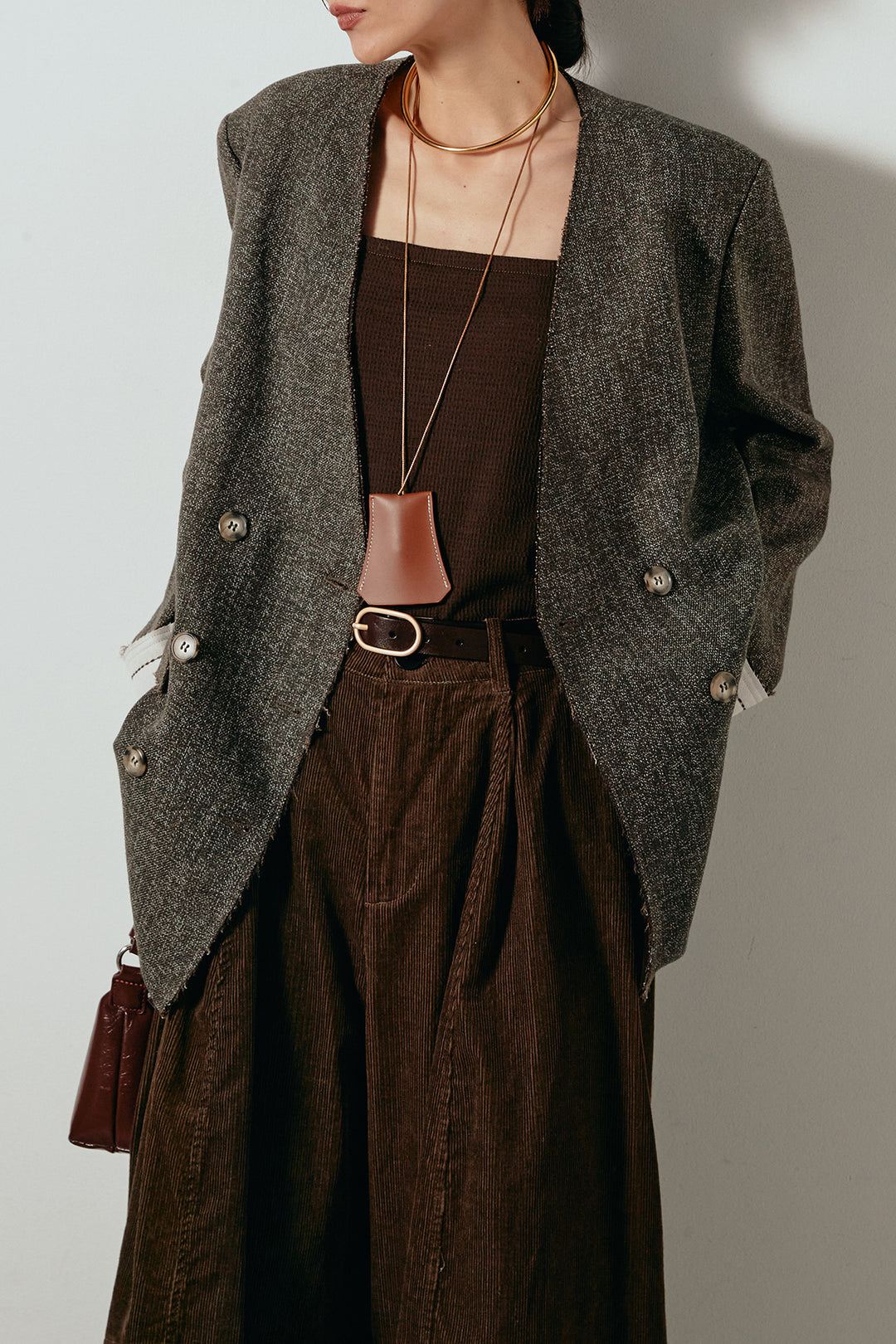 [SET]ノーカラーダブルボタンツイードジャケット+タック入りコーデュロイワイドパンツ(2set)