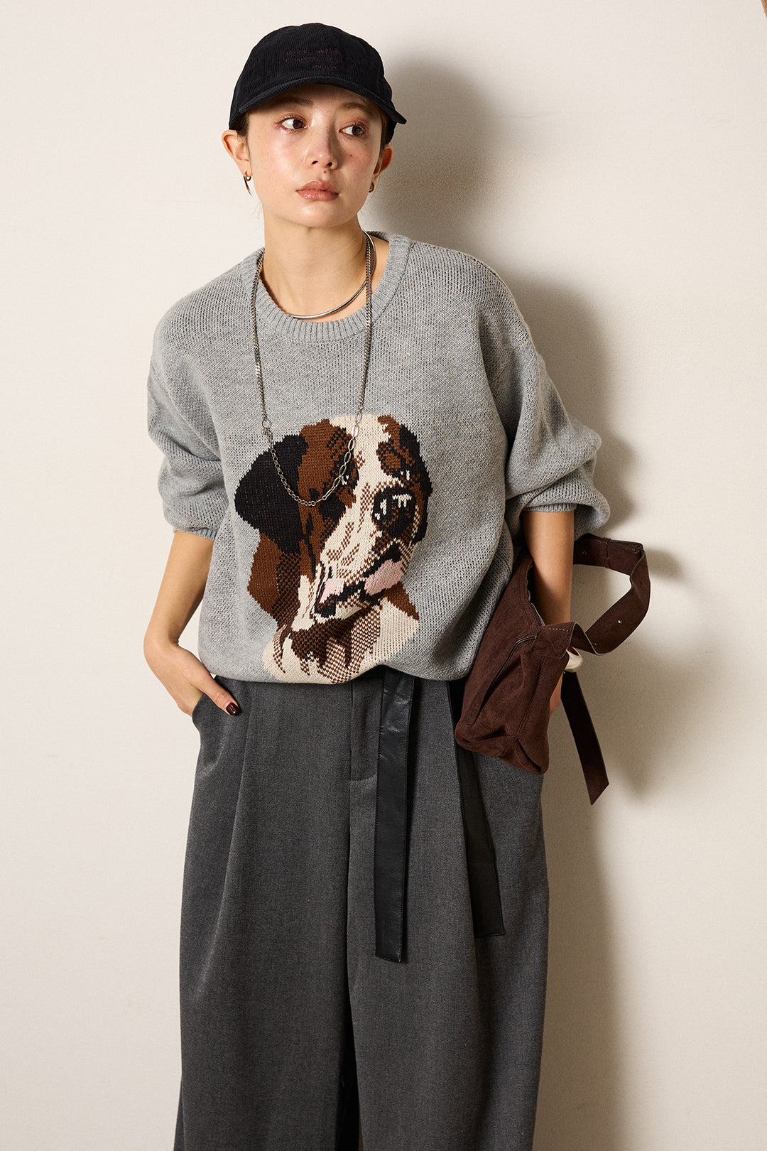 [SET]アニマルジャガード柄ニットトップス+巻ベルトウエストレザーライクワイドパンツ(2set)