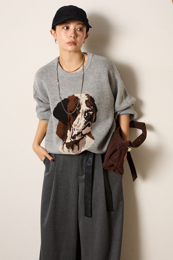 [SET]アニマルジャガード柄ニットトップス+巻ベルトウエストレザーライクワイドパンツ(2set)
