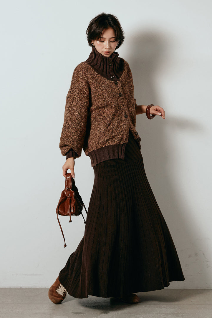 [SET]ハイネックミックスニットカーディガン+編み地切り替えフレアニットスカート(2set)