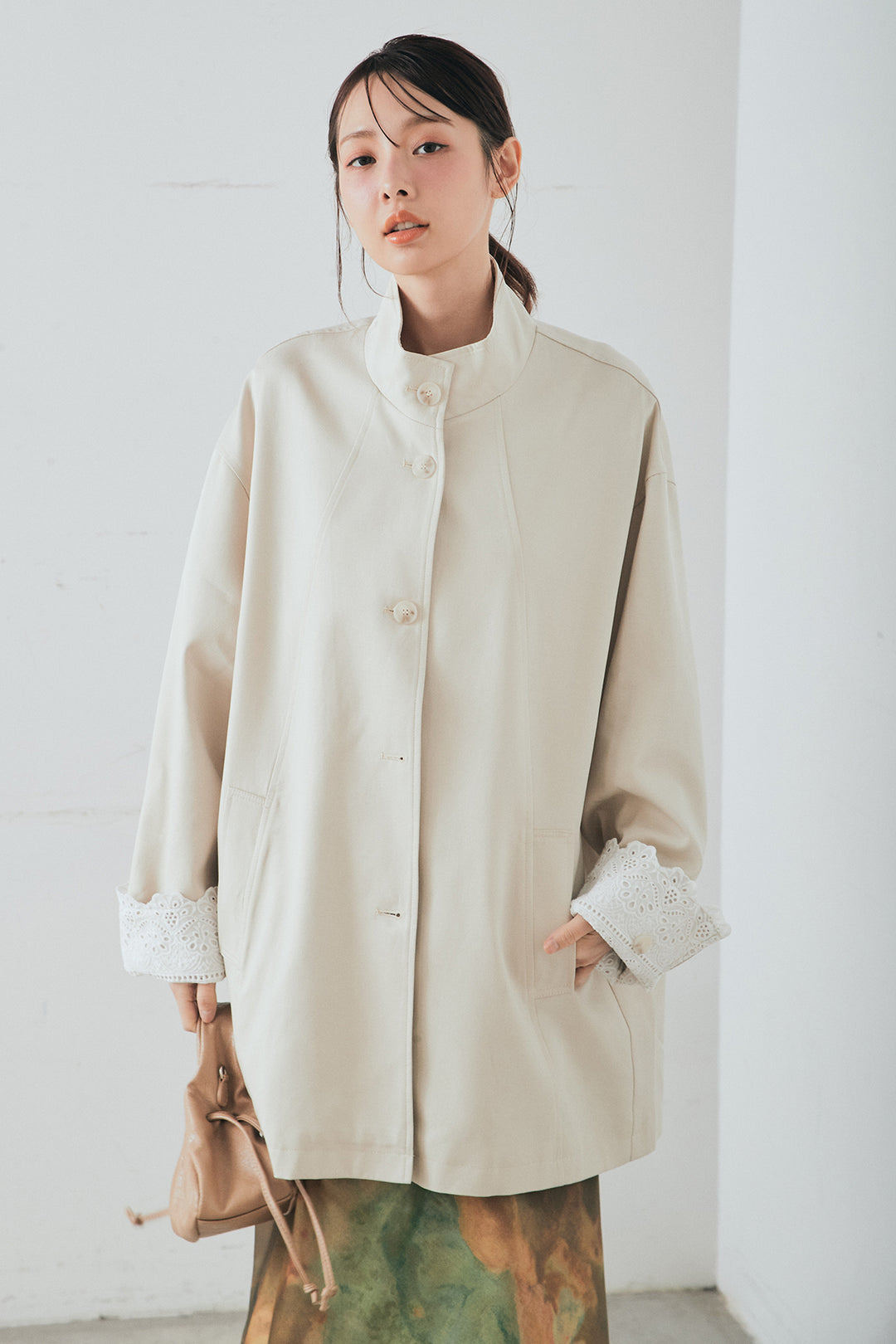 [SET]袖折り返しレースデザインアウター+ニュアンス柄サテンスカート(2set)