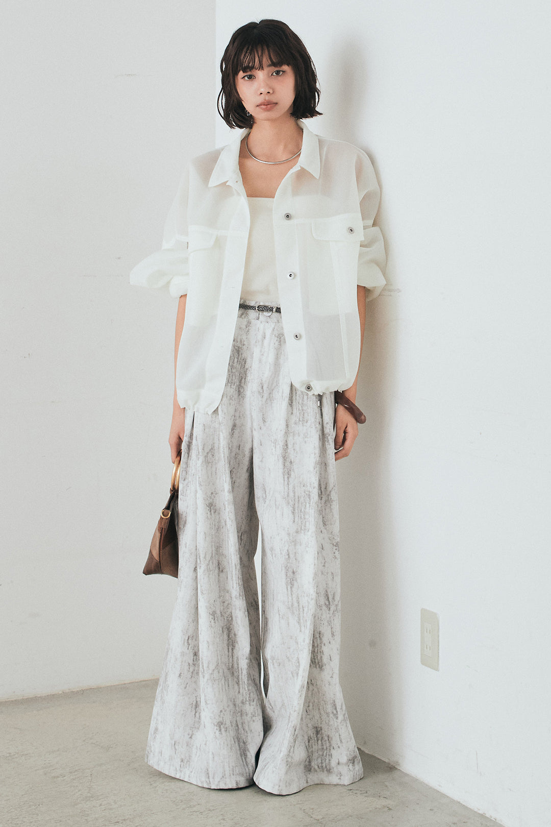 [SET]シアーダンボールサイドドロストジャケット+紐ベルト付きかすれ柄ワイドスラックス(2set)