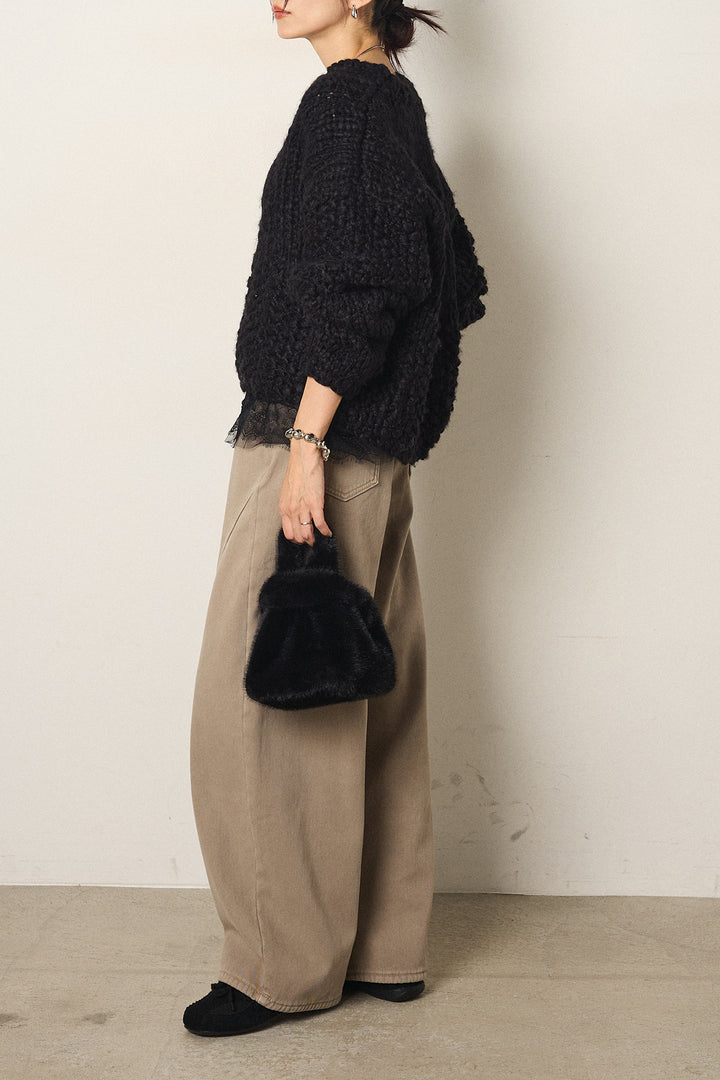 [SET]Vネックハンド編みニットトップス+ベルト付きカジュアルカーブワイドパンツ+レース切り替えキャミソール(3set)