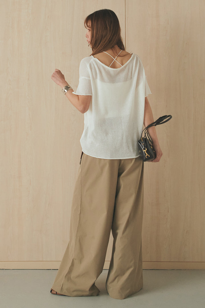 [SET]半袖モノトーングラフィックトップス+ベルトループデザインハイウエストタックパンツ(2set)