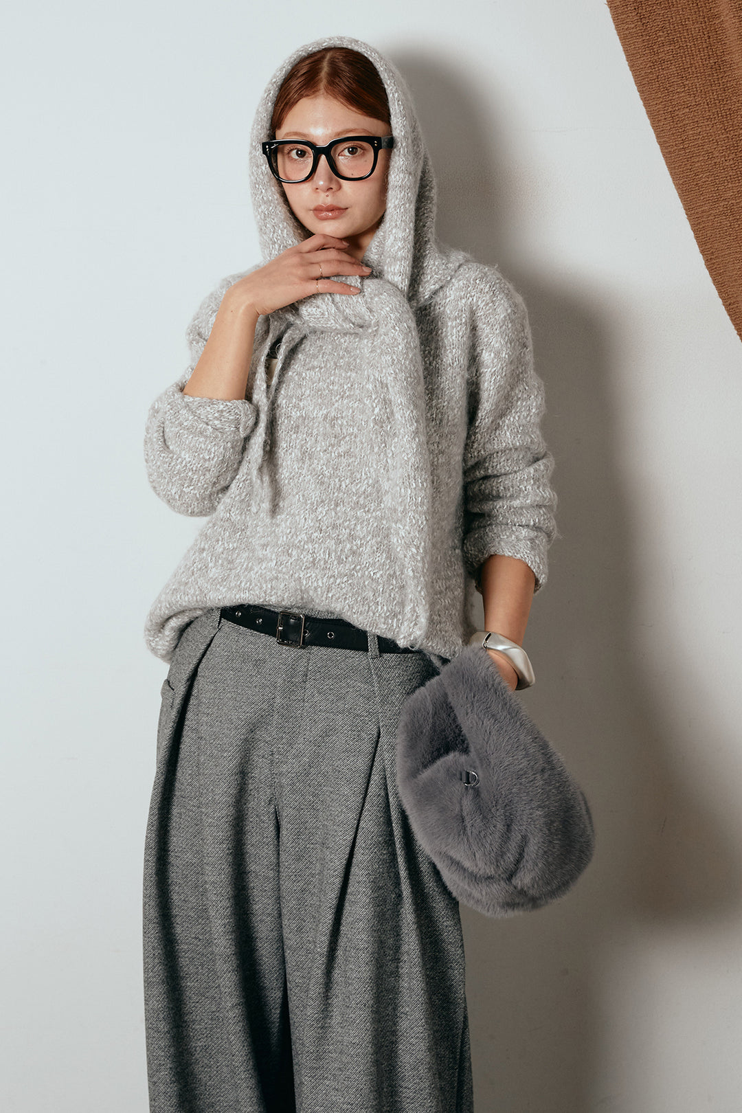 [SET]スカーフ付きミックスニットトップス+細ベルト付き起毛タックワイドパンツ(2set)