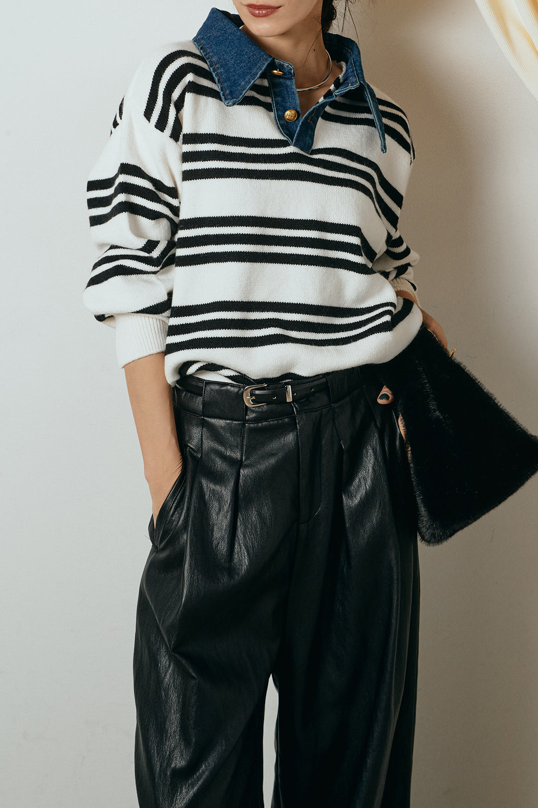 [SET]デニムレイヤード風ランダムボーダーニットプルオーバー+ベルト付きレザーライクタックパンツ(2set)