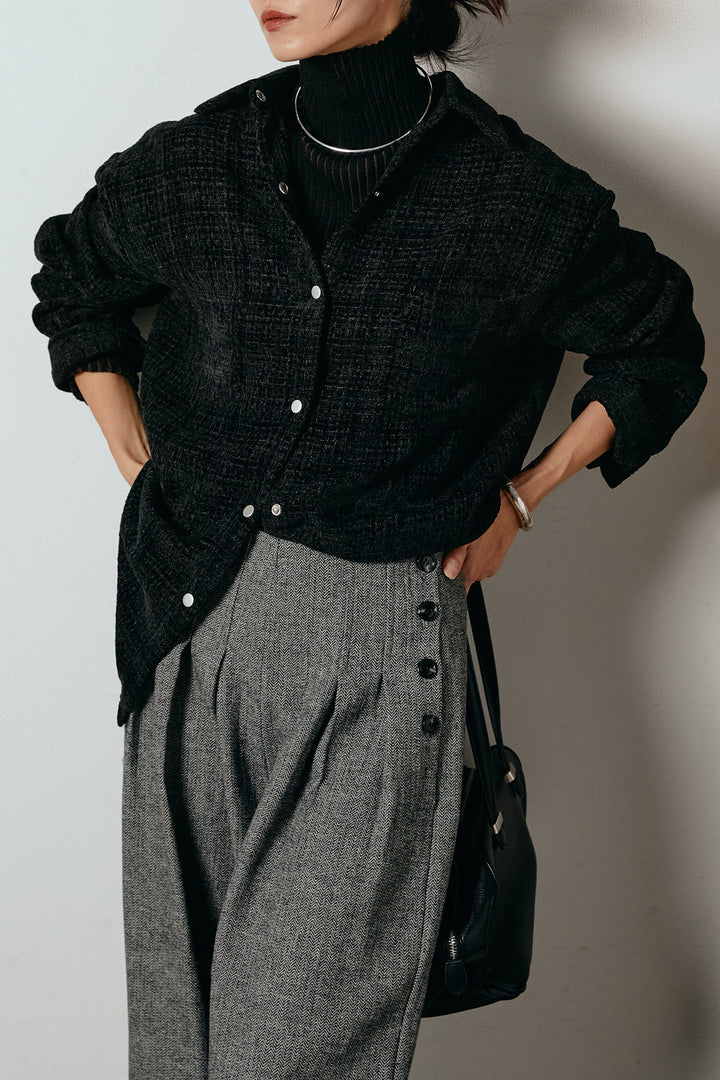 [SET]ルーズクラッシュツイルシャツ+サイドボタンツイードタックパンツ(2set)