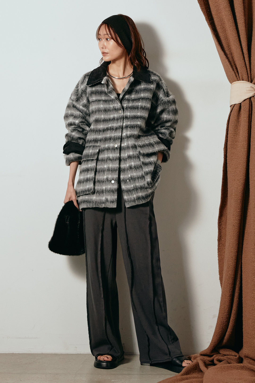 [SET]チェックシャギーミドルカバーオール+フロントラインデザインワイドスウェットパンツ(2set)
