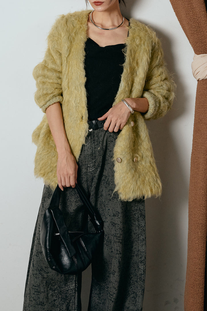 [SET]ウェーブシャギーニットジャケット+ベルト付きニュアンス柄カーブワイドパンツ(2set)