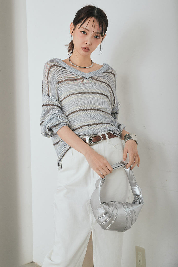 [SET]綿タッチVネックボーダートップス+裾レースデザインデニムスカート(2set)