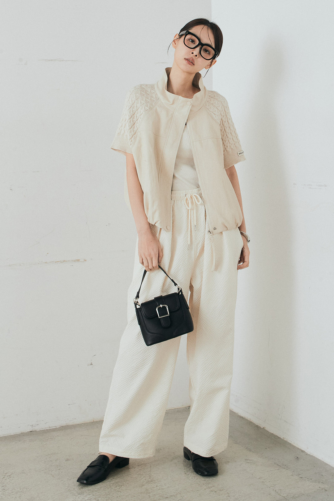 [SET]ニット切替レザーライクベスト+シアサッカーイージーパンツ(2set)