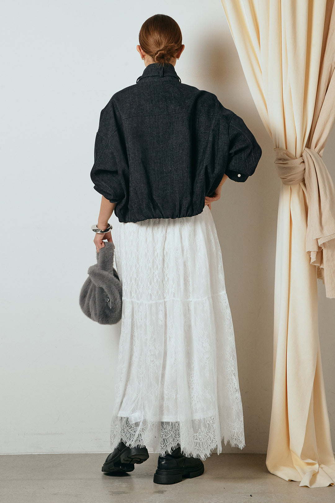[SET]デニム調ハイネックブルゾン+ひげレース切替ロング丈スカート(2set)