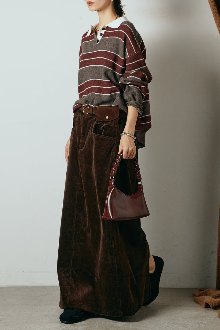 [SET]ラガーニットボーダーポロプルオーバー+ポーチベルト付きコーデュロイワイドスカート(2set)