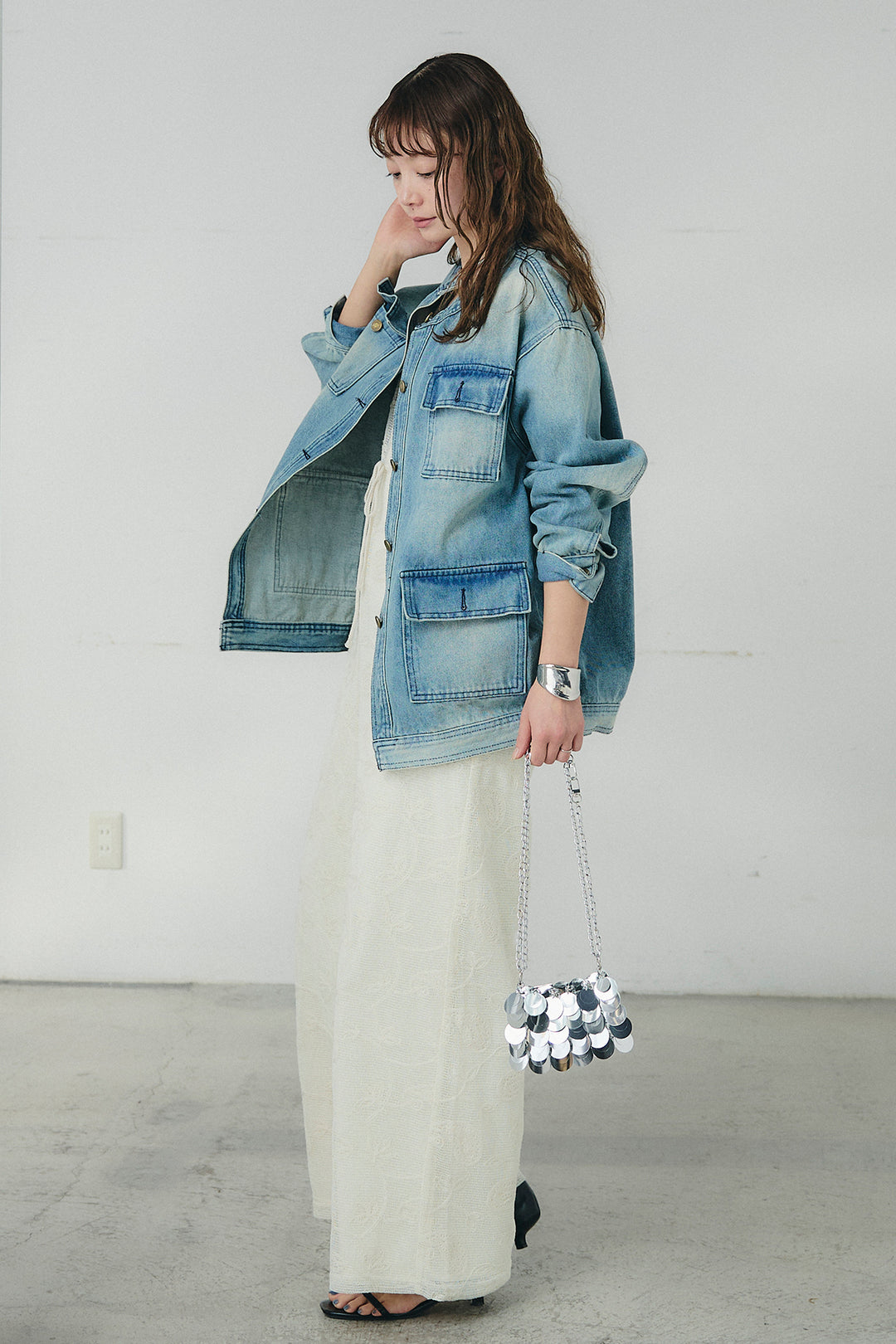 [SET]ノーカラーデニムポケットジャケット+レースサロペット(2set)