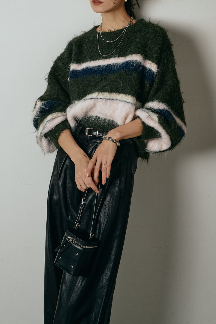 [SET]起毛配色マルチボーダーニットトップス+ベルト付きレザーライクタックパンツ(2set)