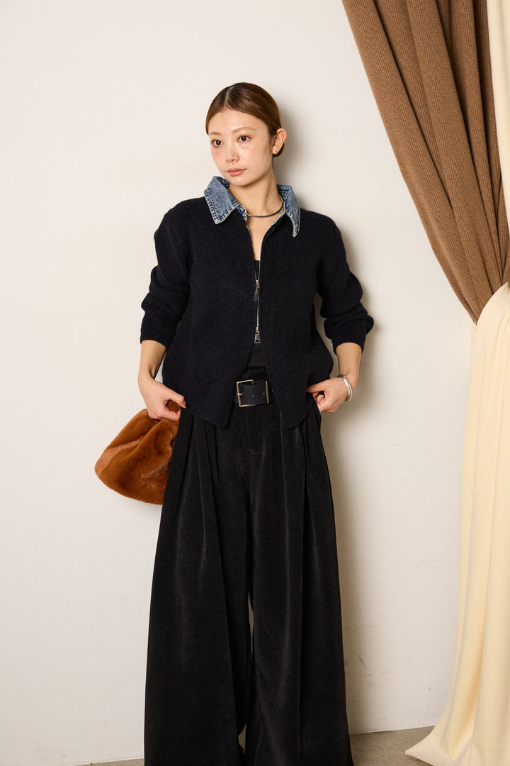 [SET]デニム襟ダブルジップニットトップス+ベルトループコーデュロイワイドパンツ(2set)