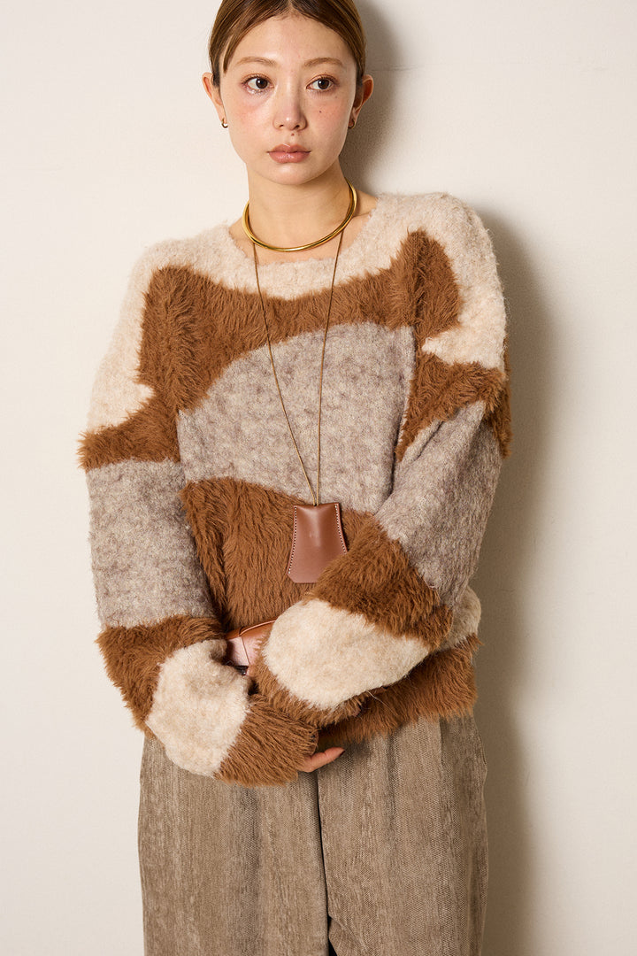 [SET]シャギーウェーブ柄クルーネックニットトップス+かすれデザインワイドパンツ(2set)