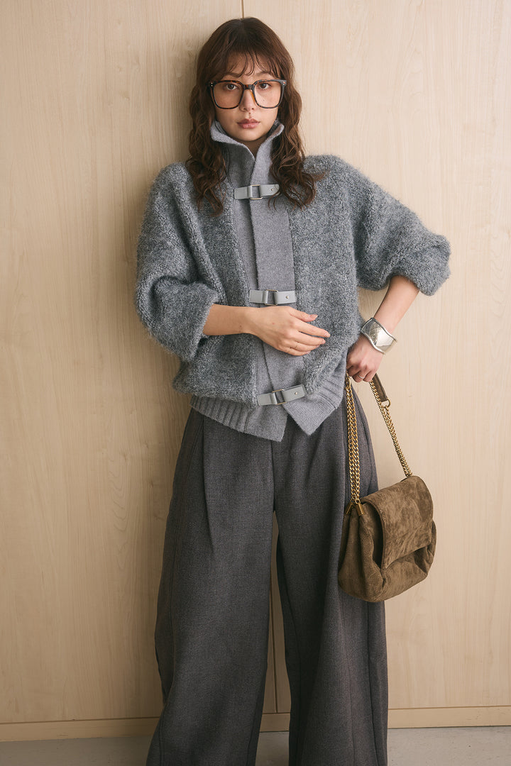 [SET]ブークレーハイネックニットジャケット+ポーチベルト付きカーブパンツ(2set)
