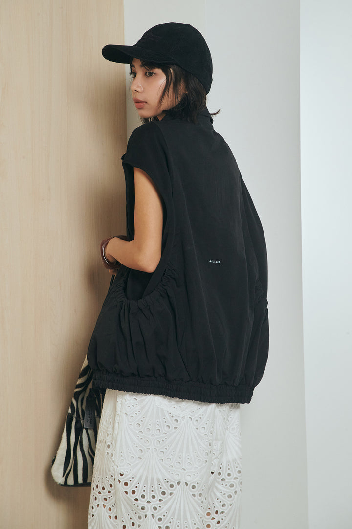 [SET]ショルダー切替スタンドネックジップベスト+レース刺繍リラックスパンツ(2set)