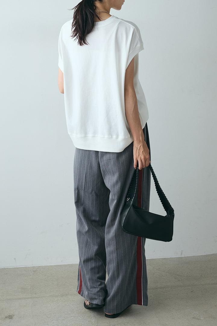 [SET]サガラ刺繍フレンチスリーブTシャツ+ピンストライプサイドラインワイドパンツ(2set)
