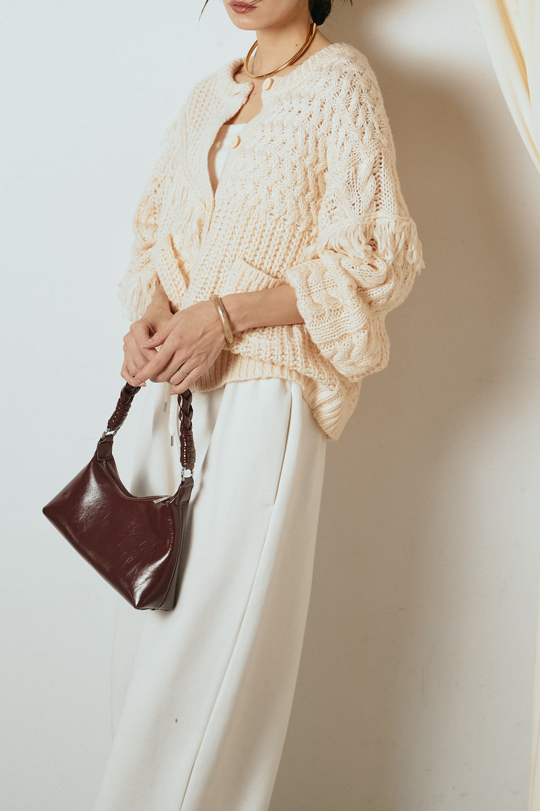 [SET]ランダムフリンジニットカーディガン+裏起毛スウェットワイドパンツ(2set)