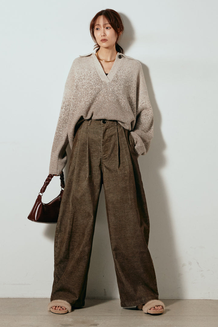 [SET]グラデーションラメニットキーネックプルオーバー+フロントタック入りコーデュロイパンツ(2set)