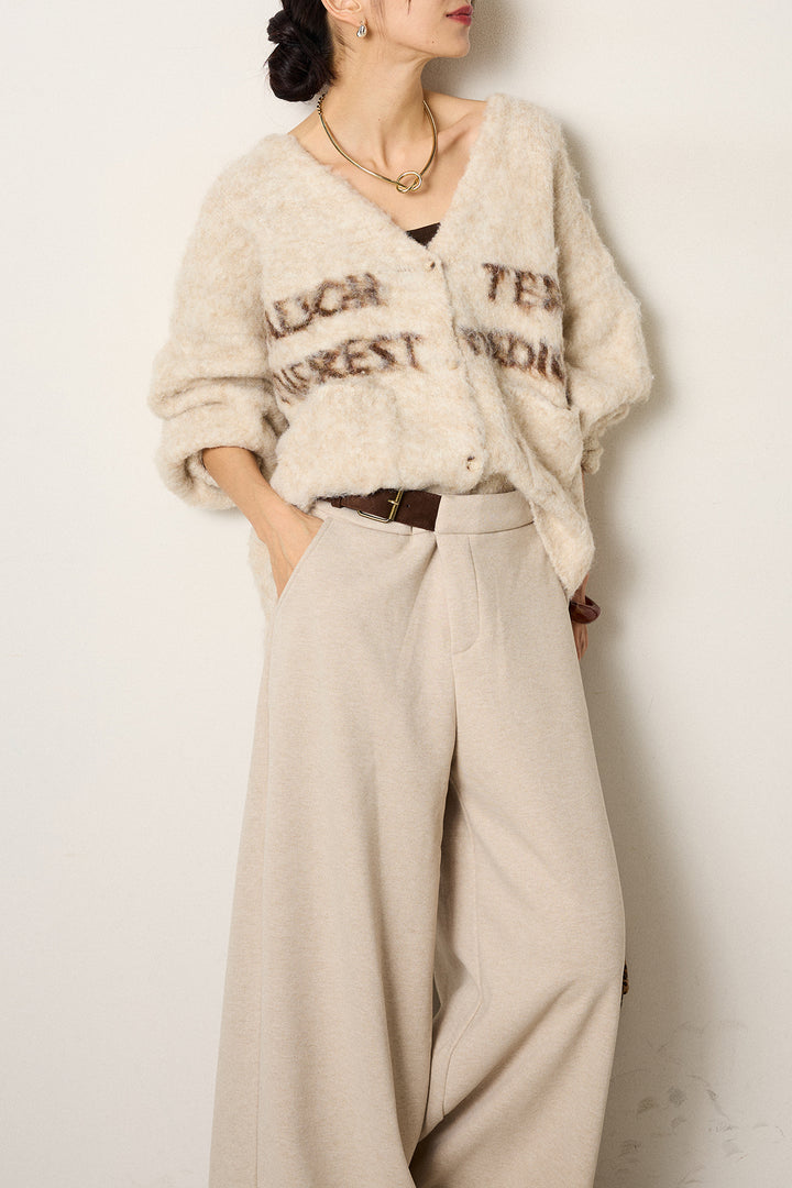 [SET]ウール混透かしロゴニットカーディガン+サイドベルトパンツ(2set)