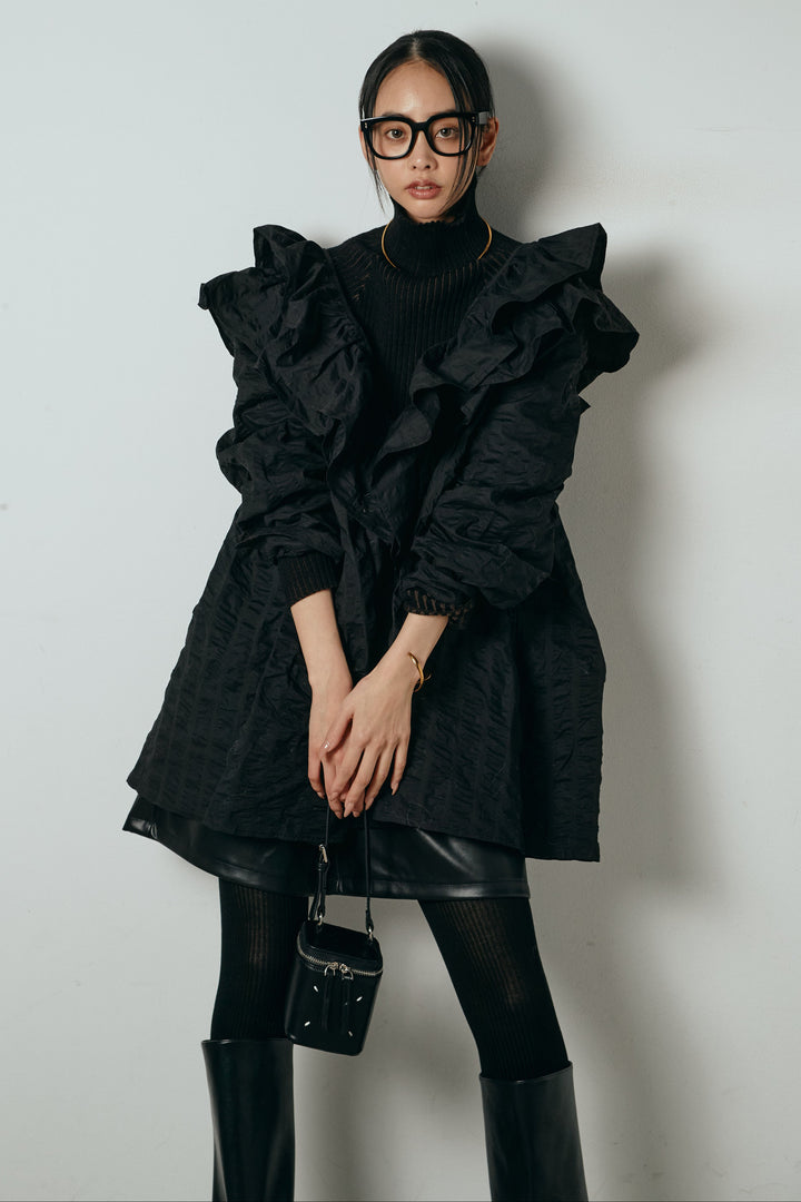 [SET]Vネックフリルカラーブラウス+リブニットシームレスタートルプルオーバー(2set)